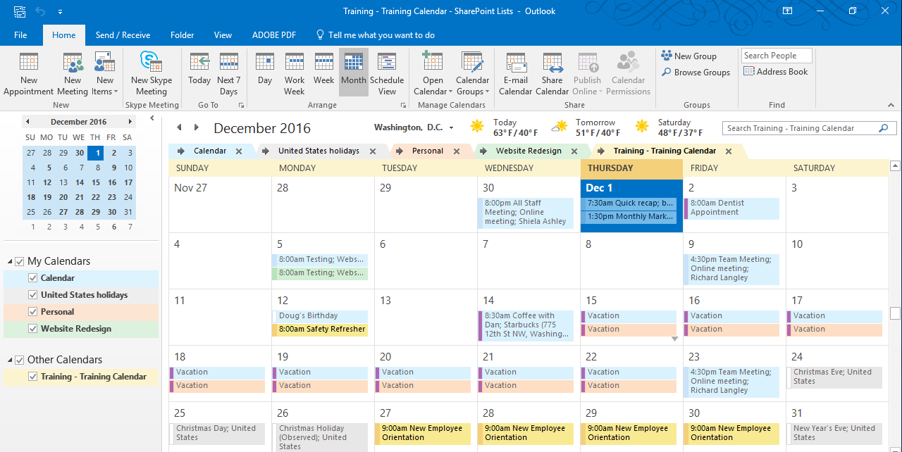 how to access calendar in outlook 2016