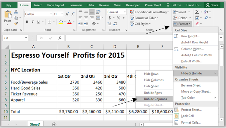how to unhide a column in excel 2016